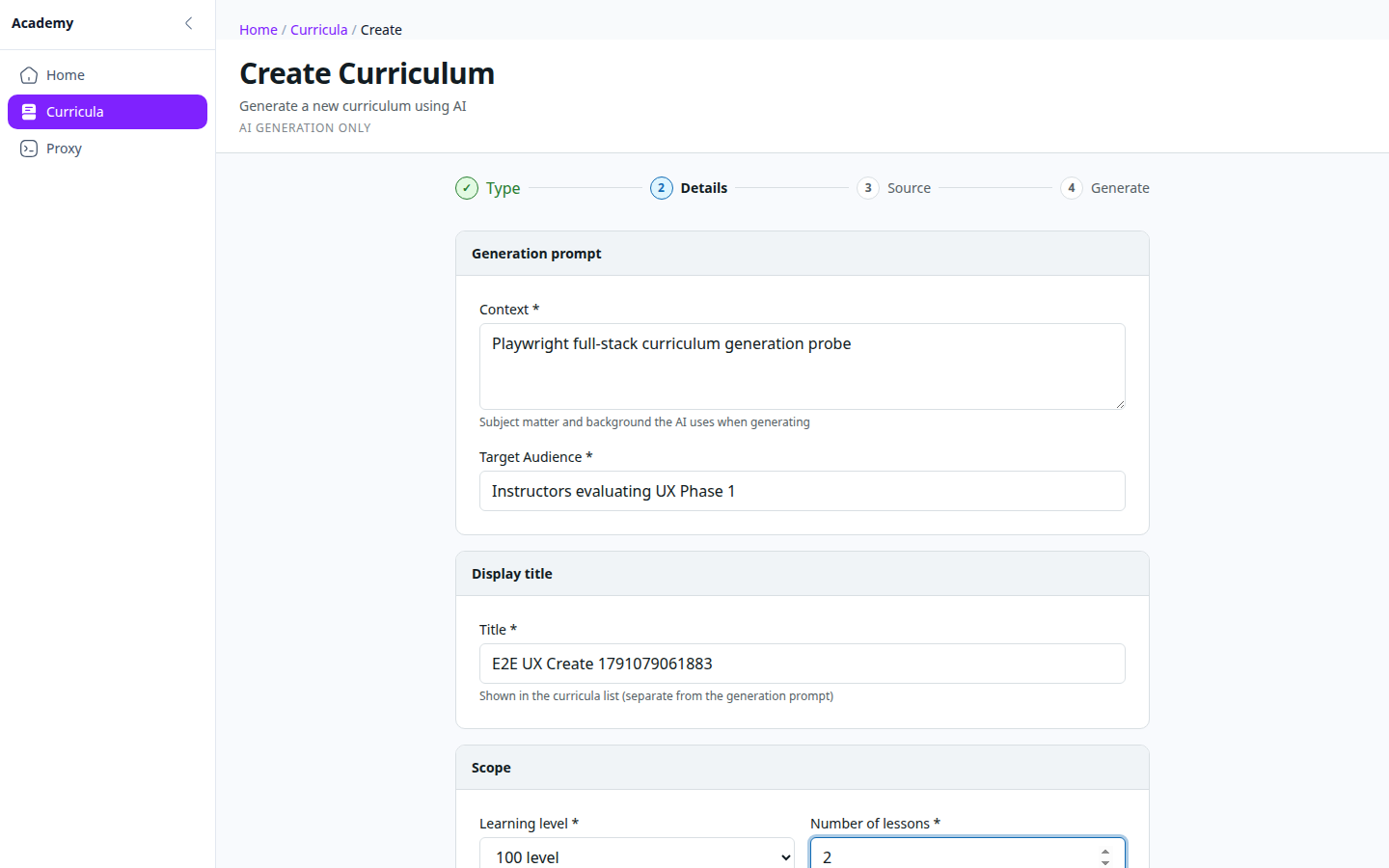 Create wizard, step 2: title, topic, audience, level, lessons, languages