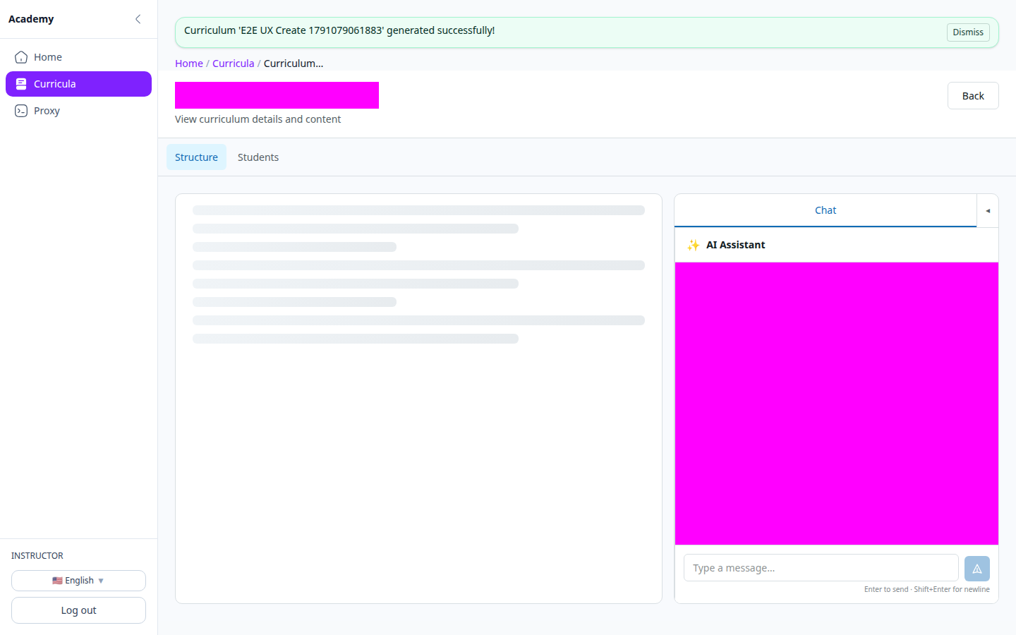 The generated curriculum opened in the editor: module and unit tree