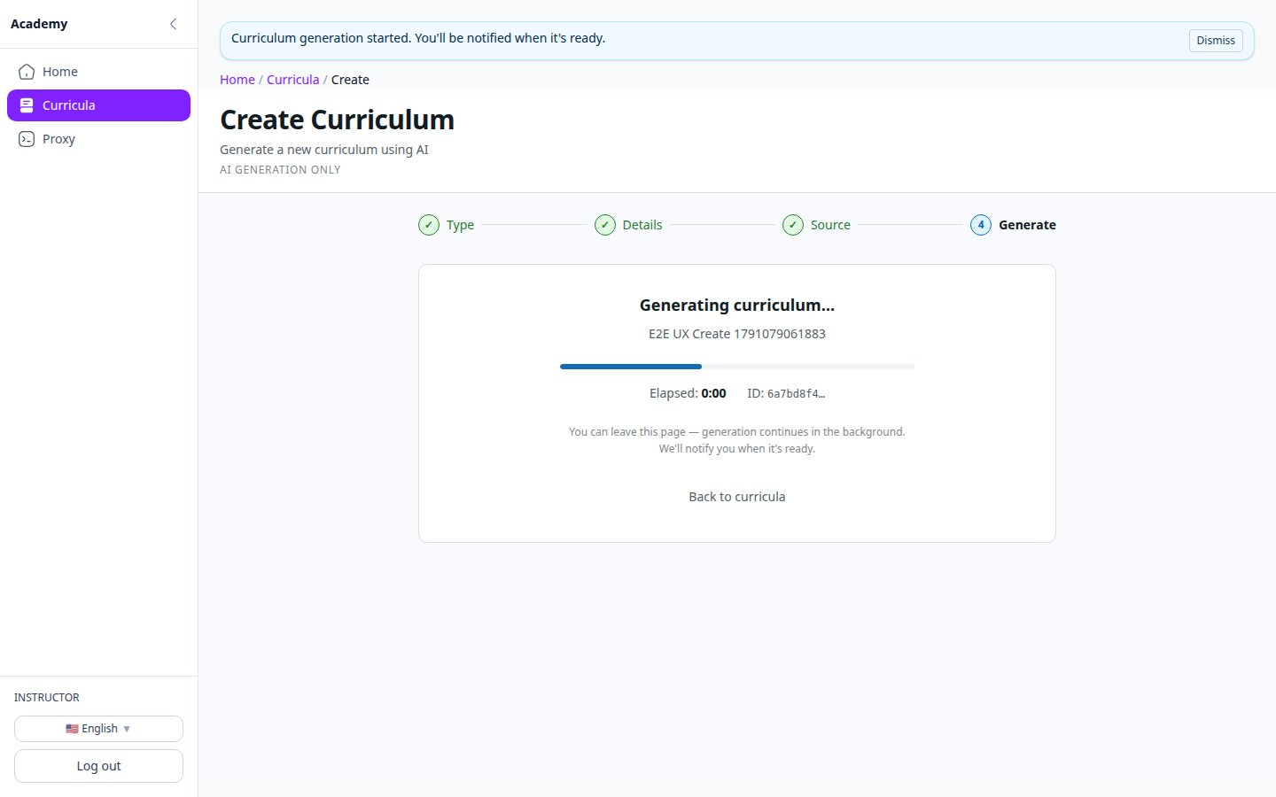 Generation progress: modules, learning units, and activities being drafted