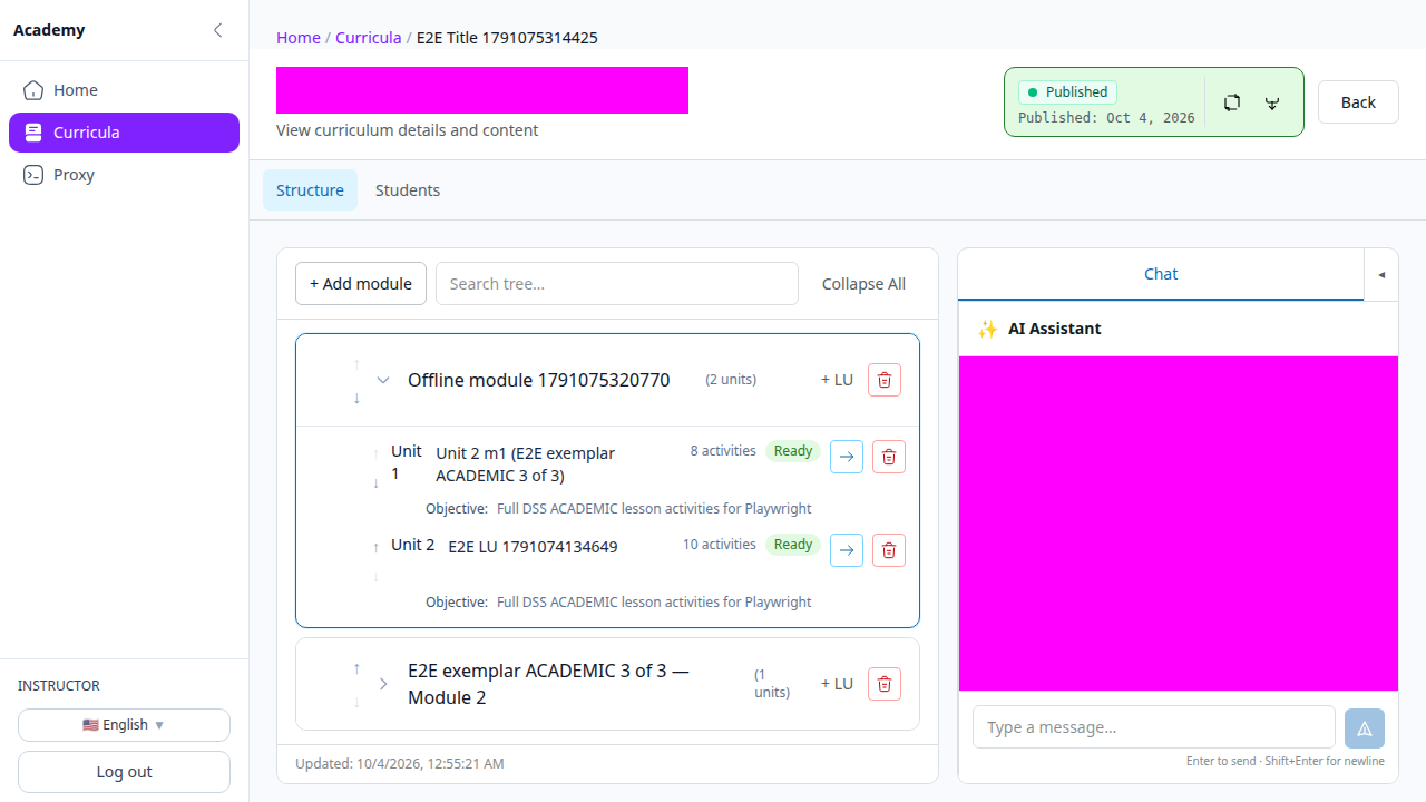 Publish control: one toggle makes the curriculum visible